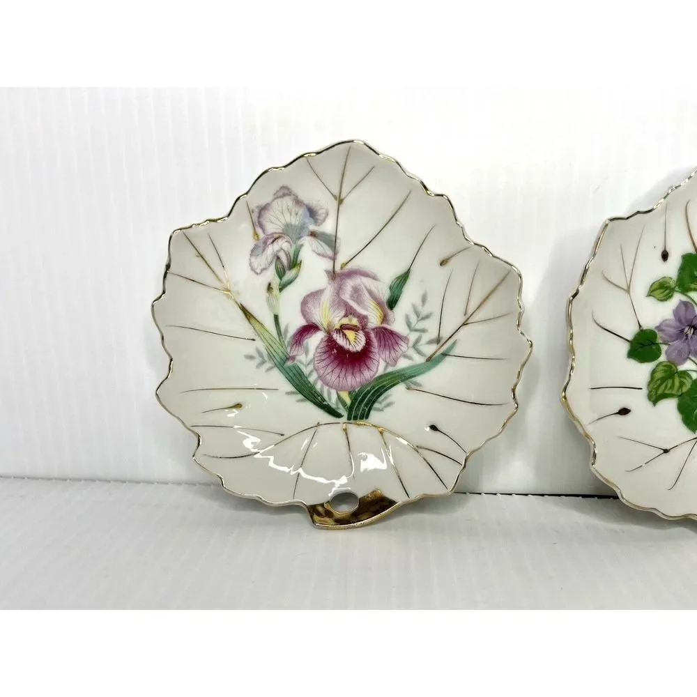 2 Vintage Nasco Japan violet Floral Trinket Dish Leaf Shape 5